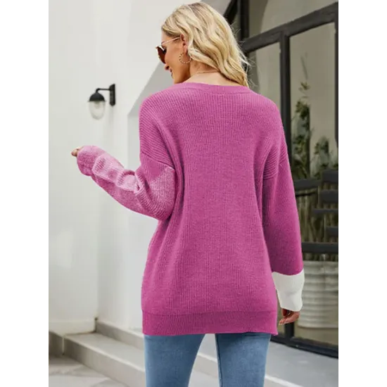 Casual Long Sleeves Loose Contrast Color Round-Neck Sweater Tops Casual Long Sleeves Loose Contrast Color Round-Neck Sweater Tops