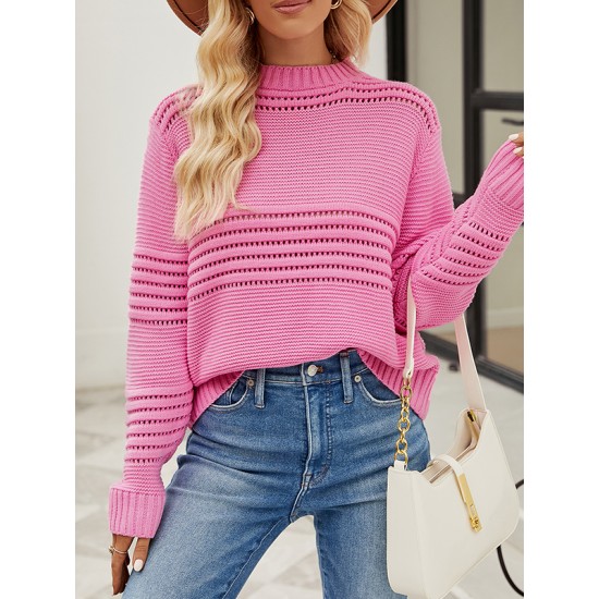 Hollow Solid Color Long Sleeves Loose Round-Neck Sweater Tops Pullovers Knitwear Hollow Solid Color Long Sleeves Loose Round-Neck Sweater Tops Pullovers Knitwear
