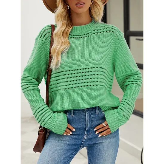 Hollow Solid Color Long Sleeves Loose Round-Neck Sweater Tops Pullovers Knitwear Hollow Solid Color Long Sleeves Loose Round-Neck Sweater Tops Pullovers Knitwear
