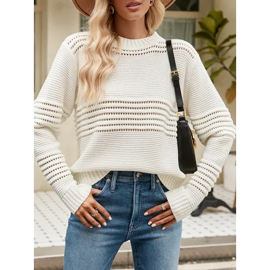 Hollow Solid Color Long Sleeves Loose Round-Neck Sweater Tops Pullovers Knitwear Hollow Solid Color Long Sleeves Loose Round-Neck Sweater Tops Pullovers Knitwear