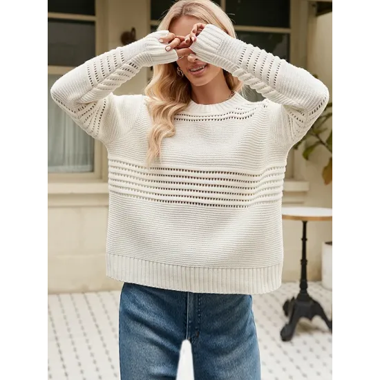 Hollow Solid Color Long Sleeves Loose Round-Neck Sweater Tops Pullovers Knitwear Hollow Solid Color Long Sleeves Loose Round-Neck Sweater Tops Pullovers Knitwear