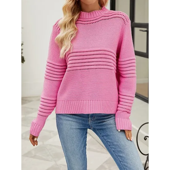 Hollow Solid Color Long Sleeves Loose Round-Neck Sweater Tops Pullovers Knitwear Hollow Solid Color Long Sleeves Loose Round-Neck Sweater Tops Pullovers Knitwear