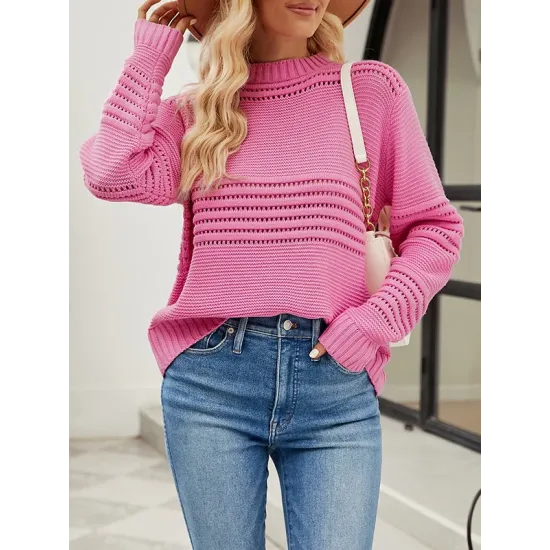 Hollow Solid Color Long Sleeves Loose Round-Neck Sweater Tops Pullovers Knitwear Hollow Solid Color Long Sleeves Loose Round-Neck Sweater Tops Pullovers Knitwear