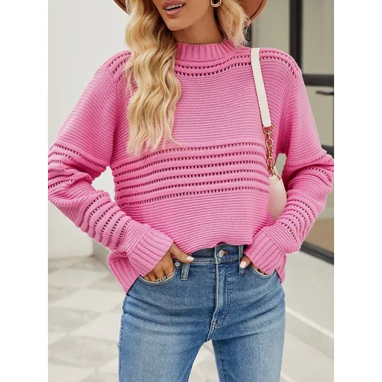 Hollow Solid Color Long Sleeves Loose Round-Neck Sweater Tops Pullovers Knitwear Hollow Solid Color Long Sleeves Loose Round-Neck Sweater Tops Pullovers Knitwear