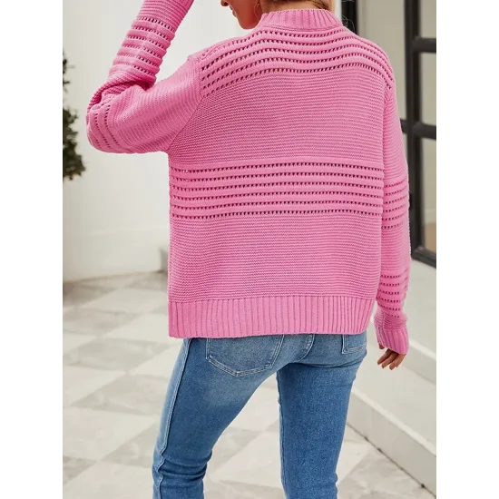 Hollow Solid Color Long Sleeves Loose Round-Neck Sweater Tops Pullovers Knitwear Hollow Solid Color Long Sleeves Loose Round-Neck Sweater Tops Pullovers Knitwear