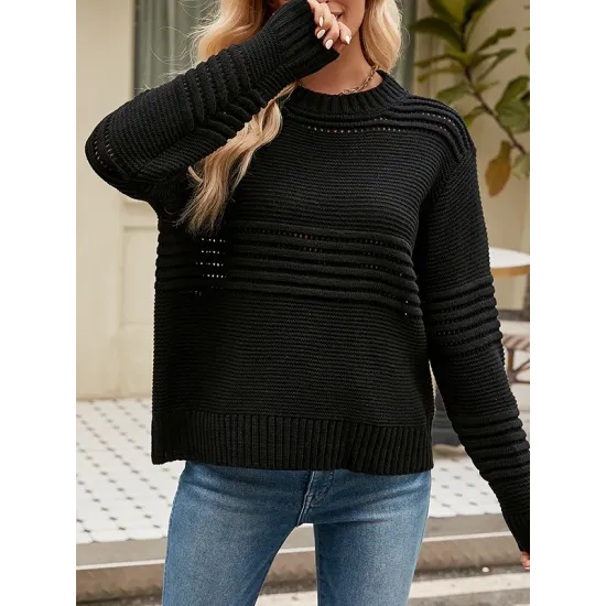 Hollow Solid Color Long Sleeves Loose Round-Neck Sweater Tops Pullovers Knitwear Hollow Solid Color Long Sleeves Loose Round-Neck Sweater Tops Pullovers Knitwear