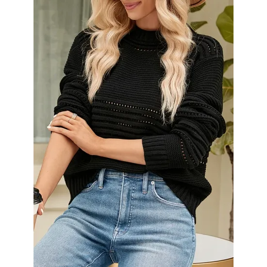 Hollow Solid Color Long Sleeves Loose Round-Neck Sweater Tops Pullovers Knitwear Hollow Solid Color Long Sleeves Loose Round-Neck Sweater Tops Pullovers Knitwear
