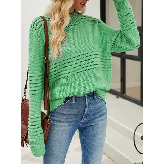 Hollow Solid Color Long Sleeves Loose Round-Neck Sweater Tops Pullovers Knitwear Hollow Solid Color Long Sleeves Loose Round-Neck Sweater Tops Pullovers Knitwear