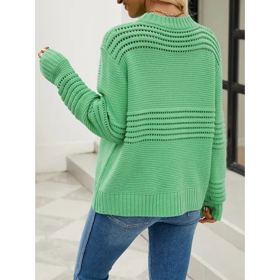 Hollow Solid Color Long Sleeves Loose Round-Neck Sweater Tops Pullovers Knitwear Hollow Solid Color Long Sleeves Loose Round-Neck Sweater Tops Pullovers Knitwear