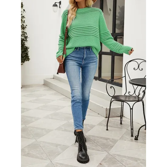 Hollow Solid Color Long Sleeves Loose Round-Neck Sweater Tops Pullovers Knitwear Hollow Solid Color Long Sleeves Loose Round-Neck Sweater Tops Pullovers Knitwear