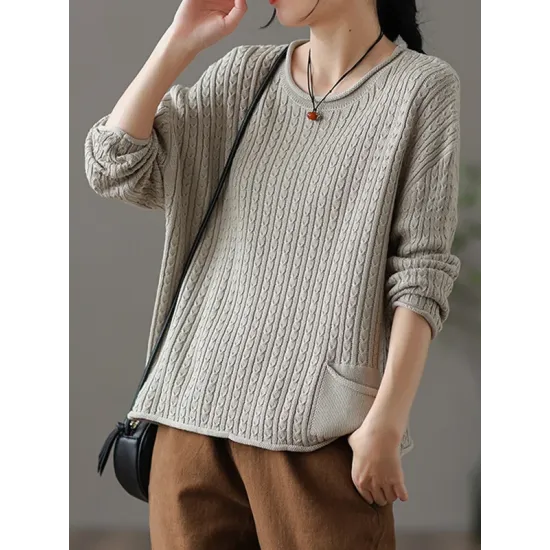 Artistic Retro Loose Long Sleeves Jacquard Solid Color Round-Neck Sweater Tops