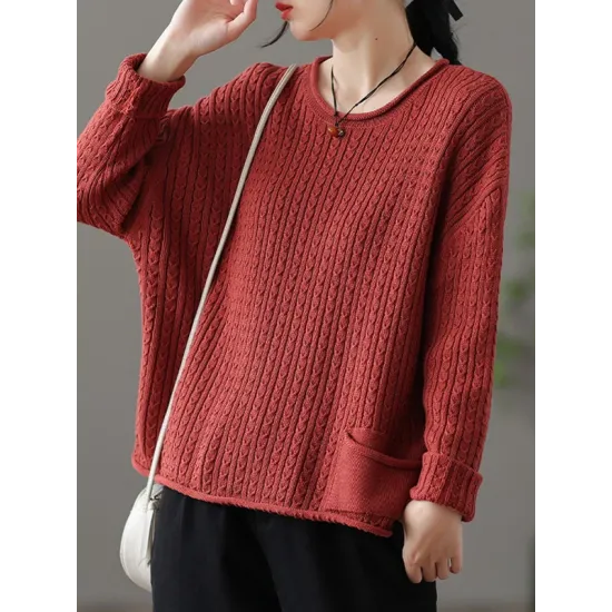 Artistic Retro Loose Long Sleeves Jacquard Solid Color Round-Neck Sweater Tops