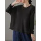 Artistic Retro Loose Long Sleeves Jacquard Solid Color Round-Neck Sweater Tops