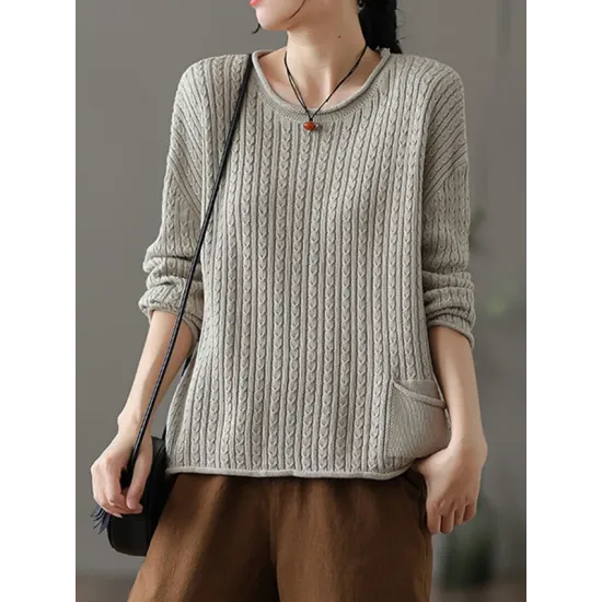 Artistic Retro Loose Long Sleeves Jacquard Solid Color Round-Neck Sweater Tops