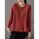 Artistic Retro Loose Long Sleeves Jacquard Solid Color Round-Neck Sweater Tops