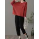 Artistic Retro Loose Long Sleeves Jacquard Solid Color Round-Neck Sweater Tops