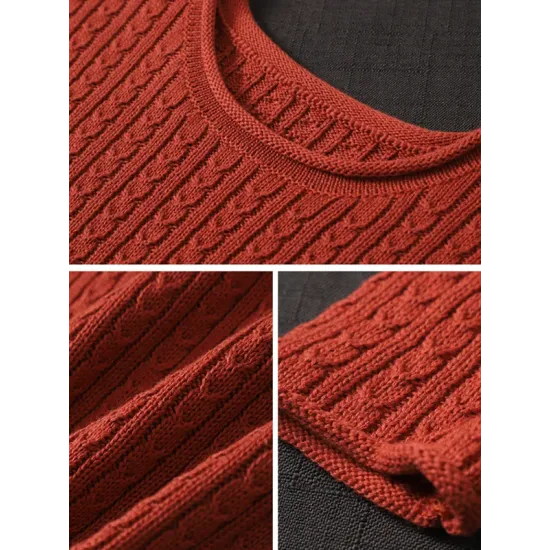 Artistic Retro Loose Long Sleeves Jacquard Solid Color Round-Neck Sweater Tops