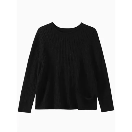 Artistic Retro Loose Long Sleeves Jacquard Solid Color Round-Neck Sweater Tops
