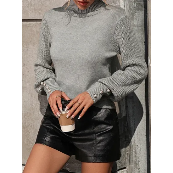 Beaded Split-Joint Long Sleeves Loose High-neck Sweater Tops Pullovers Knitwear Beaded Split-Joint Long Sleeves Loose High-neck Sweater Tops Pullovers Knitwear
