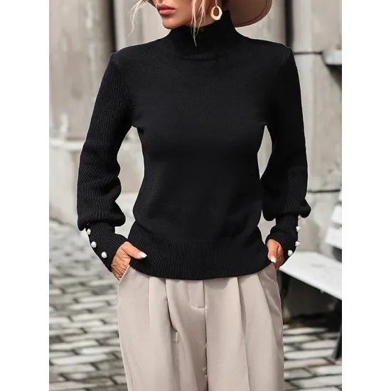 Beaded Split-Joint Long Sleeves Loose High-neck Sweater Tops Pullovers Knitwear Beaded Split-Joint Long Sleeves Loose High-neck Sweater Tops Pullovers Knitwear