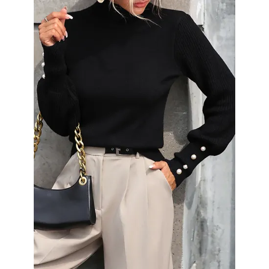 Beaded Split-Joint Long Sleeves Loose High-neck Sweater Tops Pullovers Knitwear Beaded Split-Joint Long Sleeves Loose High-neck Sweater Tops Pullovers Knitwear