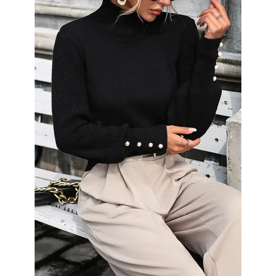 Beaded Split-Joint Long Sleeves Loose High-neck Sweater Tops Pullovers Knitwear Beaded Split-Joint Long Sleeves Loose High-neck Sweater Tops Pullovers Knitwear