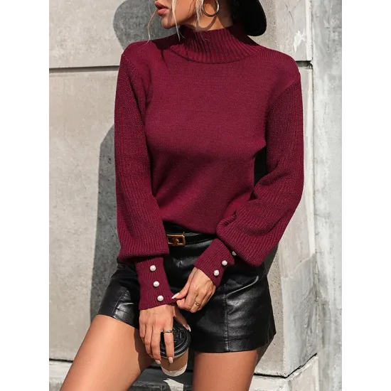 Beaded Split-Joint Long Sleeves Loose High-neck Sweater Tops Pullovers Knitwear Beaded Split-Joint Long Sleeves Loose High-neck Sweater Tops Pullovers Knitwear