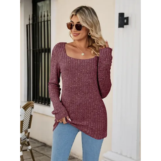 Casual Long Sleeves Skinny Solid Color Square-Neck Sweater Tops Casual Long Sleeves Skinny Solid Color Square-Neck Sweater Tops