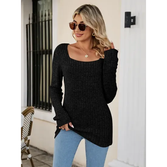 Casual Long Sleeves Skinny Solid Color Square-Neck Sweater Tops Casual Long Sleeves Skinny Solid Color Square-Neck Sweater Tops