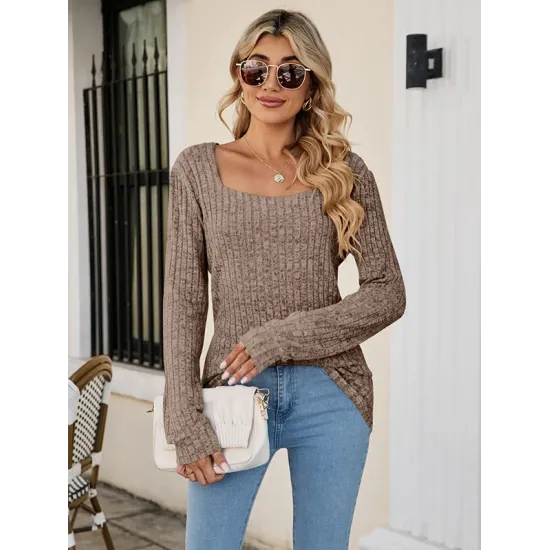 Casual Long Sleeves Skinny Solid Color Square-Neck Sweater Tops Casual Long Sleeves Skinny Solid Color Square-Neck Sweater Tops