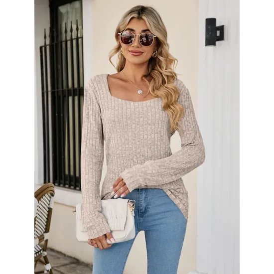 Casual Long Sleeves Skinny Solid Color Square-Neck Sweater Tops Casual Long Sleeves Skinny Solid Color Square-Neck Sweater Tops