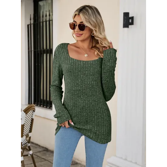 Casual Long Sleeves Skinny Solid Color Square-Neck Sweater Tops Casual Long Sleeves Skinny Solid Color Square-Neck Sweater Tops