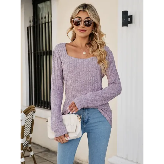 Casual Long Sleeves Skinny Solid Color Square-Neck Sweater Tops Casual Long Sleeves Skinny Solid Color Square-Neck Sweater Tops