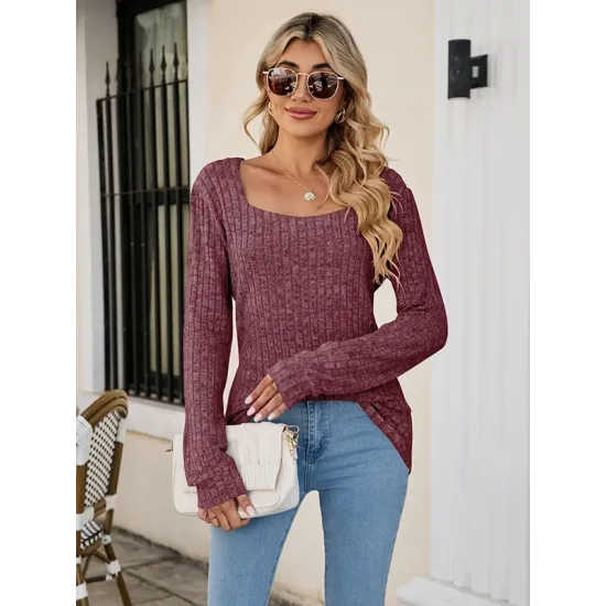 Casual Long Sleeves Skinny Solid Color Square-Neck Sweater Tops Casual Long Sleeves Skinny Solid Color Square-Neck Sweater Tops