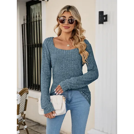 Casual Long Sleeves Skinny Solid Color Square-Neck Sweater Tops Casual Long Sleeves Skinny Solid Color Square-Neck Sweater Tops