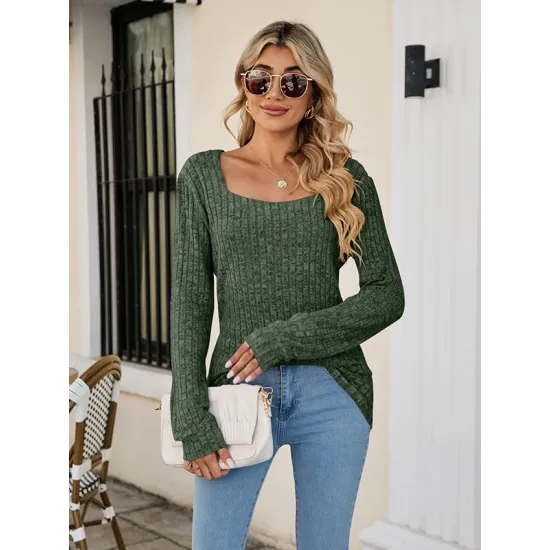 Casual Long Sleeves Skinny Solid Color Square-Neck Sweater Tops Casual Long Sleeves Skinny Solid Color Square-Neck Sweater Tops