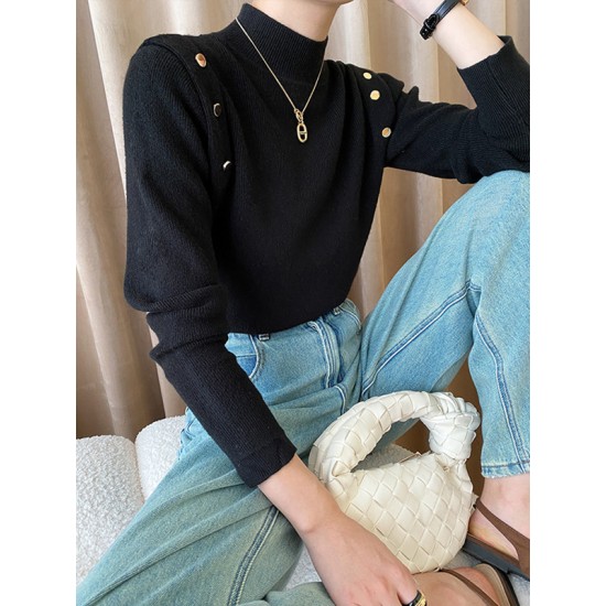 Buttoned Split-Joint Long Sleeves High-Neck Sweater Tops Buttoned Split-Joint Long Sleeves High-Neck Sweater Tops