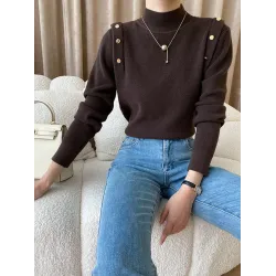 Buttoned Split-Joint Long Sleeves High-Neck Sweater Tops