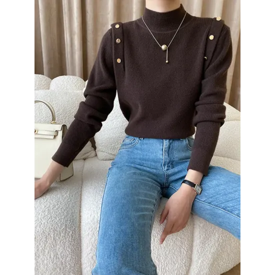 Buttoned Split-Joint Long Sleeves High-Neck Sweater Tops Buttoned Split-Joint Long Sleeves High-Neck Sweater Tops