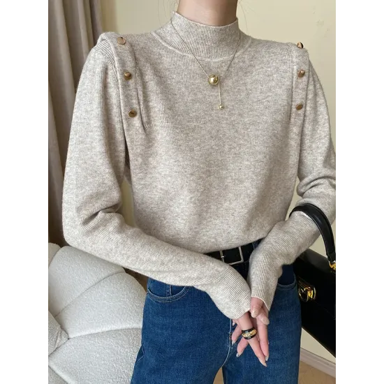 Buttoned Split-Joint Long Sleeves High-Neck Sweater Tops Buttoned Split-Joint Long Sleeves High-Neck Sweater Tops