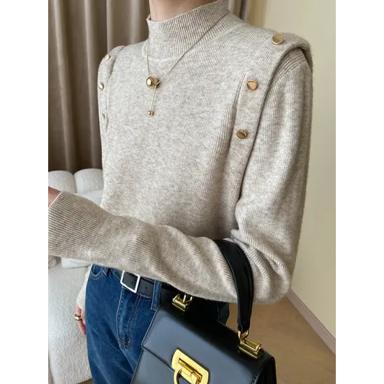 Buttoned Split-Joint Long Sleeves High-Neck Sweater Tops Buttoned Split-Joint Long Sleeves High-Neck Sweater Tops