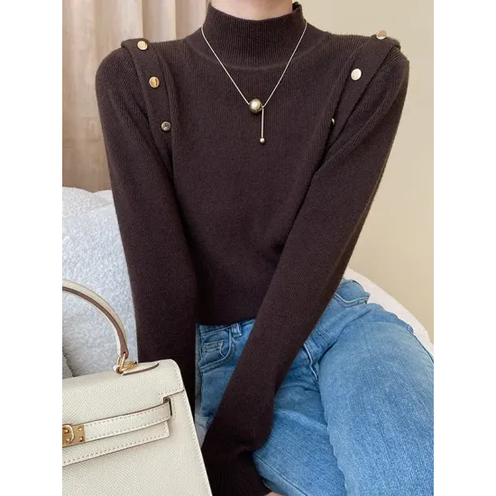 Buttoned Split-Joint Long Sleeves High-Neck Sweater Tops Buttoned Split-Joint Long Sleeves High-Neck Sweater Tops