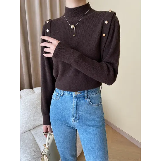Buttoned Split-Joint Long Sleeves High-Neck Sweater Tops Buttoned Split-Joint Long Sleeves High-Neck Sweater Tops