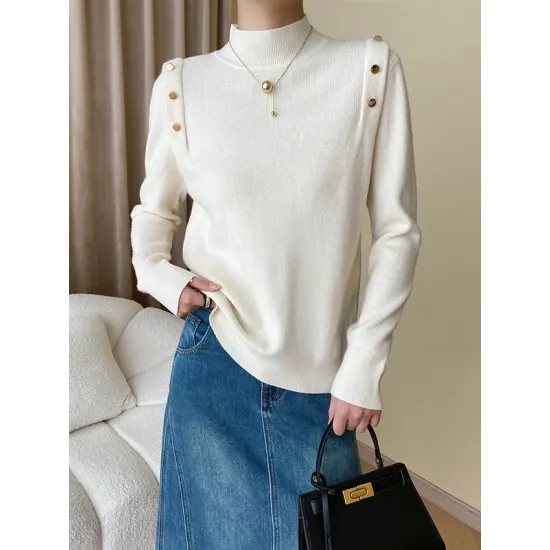 Buttoned Split-Joint Long Sleeves High-Neck Sweater Tops Buttoned Split-Joint Long Sleeves High-Neck Sweater Tops