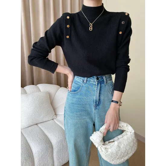 Buttoned Split-Joint Long Sleeves High-Neck Sweater Tops Buttoned Split-Joint Long Sleeves High-Neck Sweater Tops