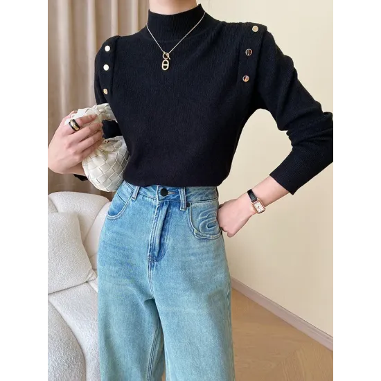 Buttoned Split-Joint Long Sleeves High-Neck Sweater Tops Buttoned Split-Joint Long Sleeves High-Neck Sweater Tops