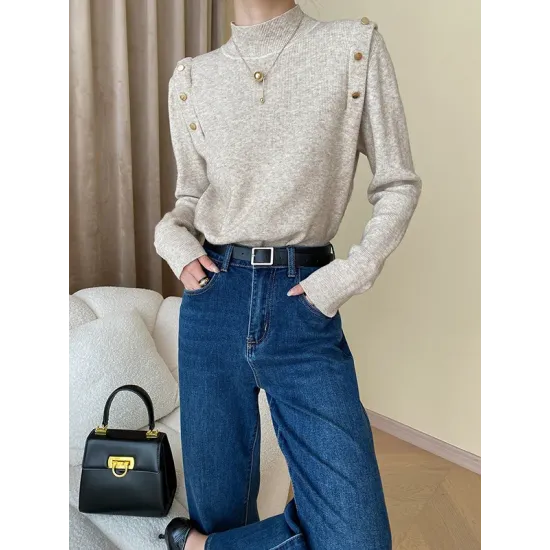 Buttoned Split-Joint Long Sleeves High-Neck Sweater Tops Buttoned Split-Joint Long Sleeves High-Neck Sweater Tops