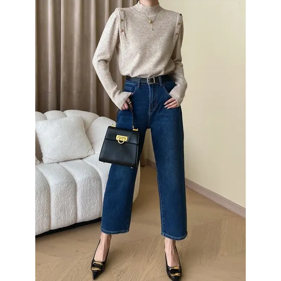 Buttoned Split-Joint Long Sleeves High-Neck Sweater Tops Buttoned Split-Joint Long Sleeves High-Neck Sweater Tops