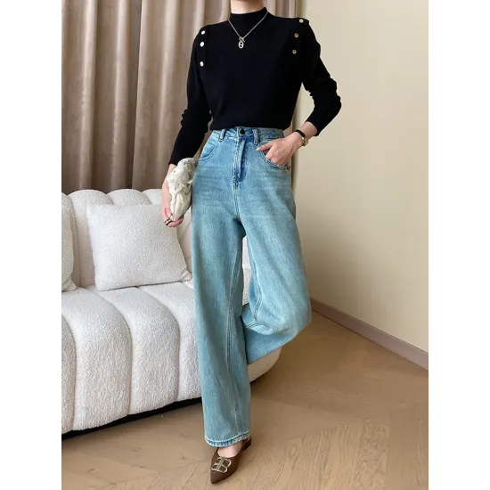 Buttoned Split-Joint Long Sleeves High-Neck Sweater Tops Buttoned Split-Joint Long Sleeves High-Neck Sweater Tops