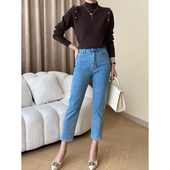 Buttoned Split-Joint Long Sleeves High-Neck Sweater Tops Buttoned Split-Joint Long Sleeves High-Neck Sweater Tops